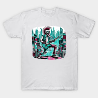 Pixel Punk Zombie Guitarist - Futuristic Retro City Jam Art T-Shirt